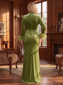 Plus Size Mermaid Evening Dresses Velvet High Neck Floor Length Long Sleeves Formal Dresses with Feather Back Zipper