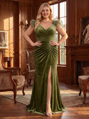 Plus Size Mermaid Evening Dresses with Slit Velvet V Neck Floor Length Sleeveless Formal Dresses with Feather Back Zipper