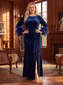 Plus Size Mermaid Evening Dresses with Slit Velvet Crew Neck Floor Length Long Sleeves Formal Dresses with Feather Back Zipper