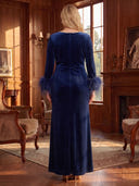 Plus Size Mermaid Evening Dresses with Slit Velvet Crew Neck Floor Length Long Sleeves Formal Dresses with Feather Back Zipper