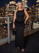 Plus Size Mermaid Evening Dresses Satin Crew Neck Floor Length Sleeveless Formal Dresses with Feather Back Zipper