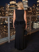 Plus Size Mermaid Evening Dresses Satin Crew Neck Floor Length Sleeveless Formal Dresses with Feather Back Zipper