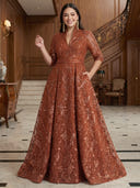 Plus Size A Line Sequin Long Evening Dresses V Neck 3/4 Sleeves Formal Dress Wedding Party