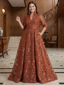 Plus Size A Line Sequin Long Evening Dresses V Neck 3/4 Sleeves Formal Dress Wedding Party