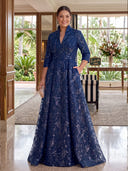 Plus Size A Line Sequin Long Evening Dresses V Neck 3/4 Sleeves Formal Dress Wedding Party