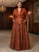 Plus Size A Line Sequin Lace Long Evening Dresses V Neck Satin 3/4 Sleeves Formal Dress Wedding Party