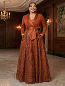 Plus Size A Line Sequin Lace Long Evening Dresses V Neck Satin 3/4 Sleeves Formal Dress Wedding Party
