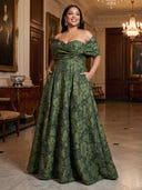 Plus Size A Line Jacquare Long Evening Dresses Off Shoulder Formal Dress Floor Length Dresses with Bow/Back Zipper
