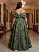 Plus Size A Line Jacquare Long Evening Dresses Off Shoulder Formal Dress Floor Length Dresses with Bow/Back Zipper