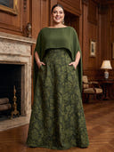 Plus Size A Line Jacquare Long Evening Dresses with Cape Formal Dress Floor Length Dresses with Chiffon/Back Zipper