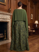 Plus Size A Line Jacquare Long Evening Dresses with Cape Formal Dress Floor Length Dresses with Chiffon/Back Zipper