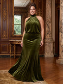 Plus Size Mermaid Long Evening Dresses Velvet Halter Formal Dress Floor Length Dresses Back Zipper
