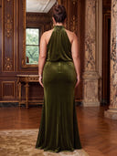 Plus Size Mermaid Long Evening Dresses Velvet Halter Formal Dress Floor Length Dresses Back Zipper