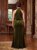 Plus Size Mermaid Long Evening Dresses Velvet Halter Formal Dress Floor Length Dresses Back Zipper