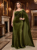 Plus Size Mermaid Long Evening Dresses Velvet One Shoulder Formal Dress Floor Length Dresses with Cape/Back Zipper