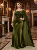 Plus Size Mermaid Long Evening Dresses Velvet One Shoulder Formal Dress Floor Length Dresses with Cape/Back Zipper