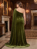 Plus Size Mermaid Long Evening Dresses Velvet One Shoulder Formal Dress Floor Length Dresses with Cape/Back Zipper