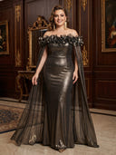 Plus Size Mermaid Long Evening Dresses Meatllic Satin Off Shoulder Formal Dress Floor Length Dresses with Cape/Back Zipper