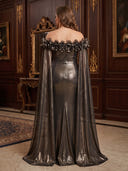 Plus Size Mermaid Long Evening Dresses Meatllic Satin Off Shoulder Formal Dress Floor Length Dresses with Cape/Back Zipper