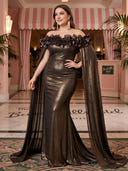 Plus Size Mermaid Long Evening Dresses Meatllic Satin Off Shoulder Formal Dress Floor Length Dresses with Cape/Back Zipper