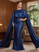 Plus Size Mermaid Long Evening Dresses Meatllic Satin Crew Neck Formal Dress Floor Length Dresses with Cape/Back Zipper