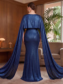Plus Size Mermaid Long Evening Dresses Meatllic Satin Crew Neck Formal Dress Floor Length Dresses with Cape/Back Zipper