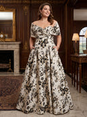 Plus Size A Line Long Evening Dresses Jacquard Off Shoulder Formal Dress Floor Length Dresses with Bow/Back Zipper