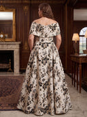 Plus Size A Line Long Evening Dresses Jacquard Off Shoulder Formal Dress Floor Length Dresses with Bow/Back Zipper