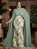 Plus Size Mermaid Long Evening Dresses Jacquard Formal Dress Floor Length Dresses with Chiffon Cape/Back Zipper