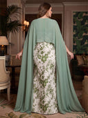 Plus Size Mermaid Long Evening Dresses Jacquard Formal Dress Floor Length Dresses with Chiffon Cape/Back Zipper
