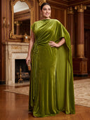Plus Size Mermaid Long Evening Dresses Velvet Crew Neck Formal Dress Floor Length Dresses with Chiffon Cape/Back Zipper