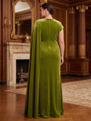 Plus Size Mermaid Long Evening Dresses Velvet Crew Neck Formal Dress Floor Length Dresses with Chiffon Cape/Back Zipper