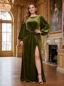 Plus Size Mermaid Long Evening Dresses with Slit Velvet Crew Neck Formal Dress Floor Length Dresses Back Zipper