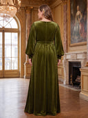 Plus Size Mermaid Long Evening Dresses with Slit Velvet Crew Neck Formal Dress Floor Length Dresses Back Zipper