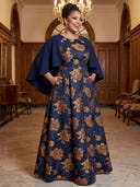 Plus Size A Line Jacquard Long Evening Dresses Crew Neck Formal Dress Floor Length Dresses with Satin Cape/Back Zipper