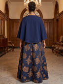 Plus Size A Line Jacquard Long Evening Dresses Crew Neck Formal Dress Floor Length Dresses with Satin Cape/Back Zipper
