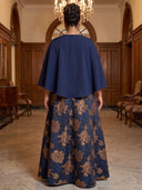 Plus Size A Line Jacquard Long Evening Dresses Crew Neck Formal Dress Floor Length Dresses with Satin Cape/Back Zipper