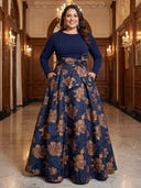 Plus Size A Line Jacquard Long Evening Dresses Crew Neck Long Sleeves Formal Dress Floor Length Dresses with Belt/Back Zipper