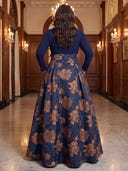 Plus Size A Line Jacquard Long Evening Dresses Crew Neck Long Sleeves Formal Dress Floor Length Dresses with Belt/Back Zipper