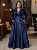 Plus Size A Line Velvet Long Evening Dresses V Neck Long Sleeves Satin Formal Dress Floor Length Dresses with Belt/Back Zipper