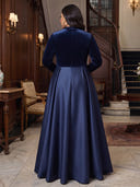 Plus Size A Line Velvet Long Evening Dresses V Neck Long Sleeves Satin Formal Dress Floor Length Dresses with Belt/Back Zipper