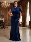 Plus Size Mermaid Velvet Long Evening Dresses Crew Neck Formal Dress Floor Length Dresses with Cape/Back Zipper