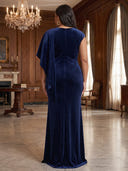 Plus Size Mermaid Velvet Long Evening Dresses Crew Neck Formal Dress Floor Length Dresses with Cape/Back Zipper