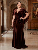 Plus Size Mermaid Velvet Long Evening Dresses V Neck Formal Dress Floor Length Dresses with Cape/Back Zipper