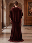 Plus Size Mermaid Velvet Long Evening Dresses V Neck Formal Dress Floor Length Dresses with Cape/Back Zipper