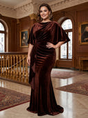 Plus Size Mermaid Velvet Long Evening Dresses Crew Neck Short Sleeves Formal Dress Floor Length Dresses Back Zipper
