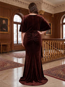 Plus Size Mermaid Velvet Long Evening Dresses Crew Neck Short Sleeves Formal Dress Floor Length Dresses Back Zipper