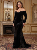 Plus Size Mermaid Velvet Long Evening Dresses Off Shoulder Long Sleeves Formal Dress Floor Length Sequin Dresses Back Zipper