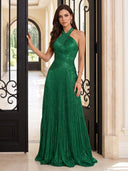 Sequin A Line Halter Sleeveless Long Evening Dresses with Pleated Floor Length Dresses
