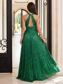 Sequin A Line Halter Sleeveless Long Evening Dresses with Pleated Floor Length Dresses